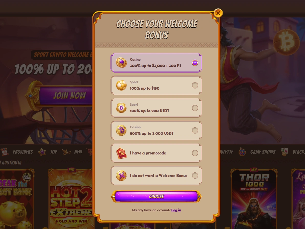 Screen showing casino, sports and crypto welcome offers with promo code and Choose button