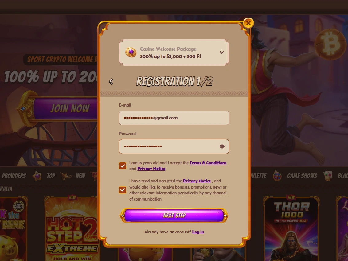 Registration form step one with email, password fields and consent checkboxes displayed